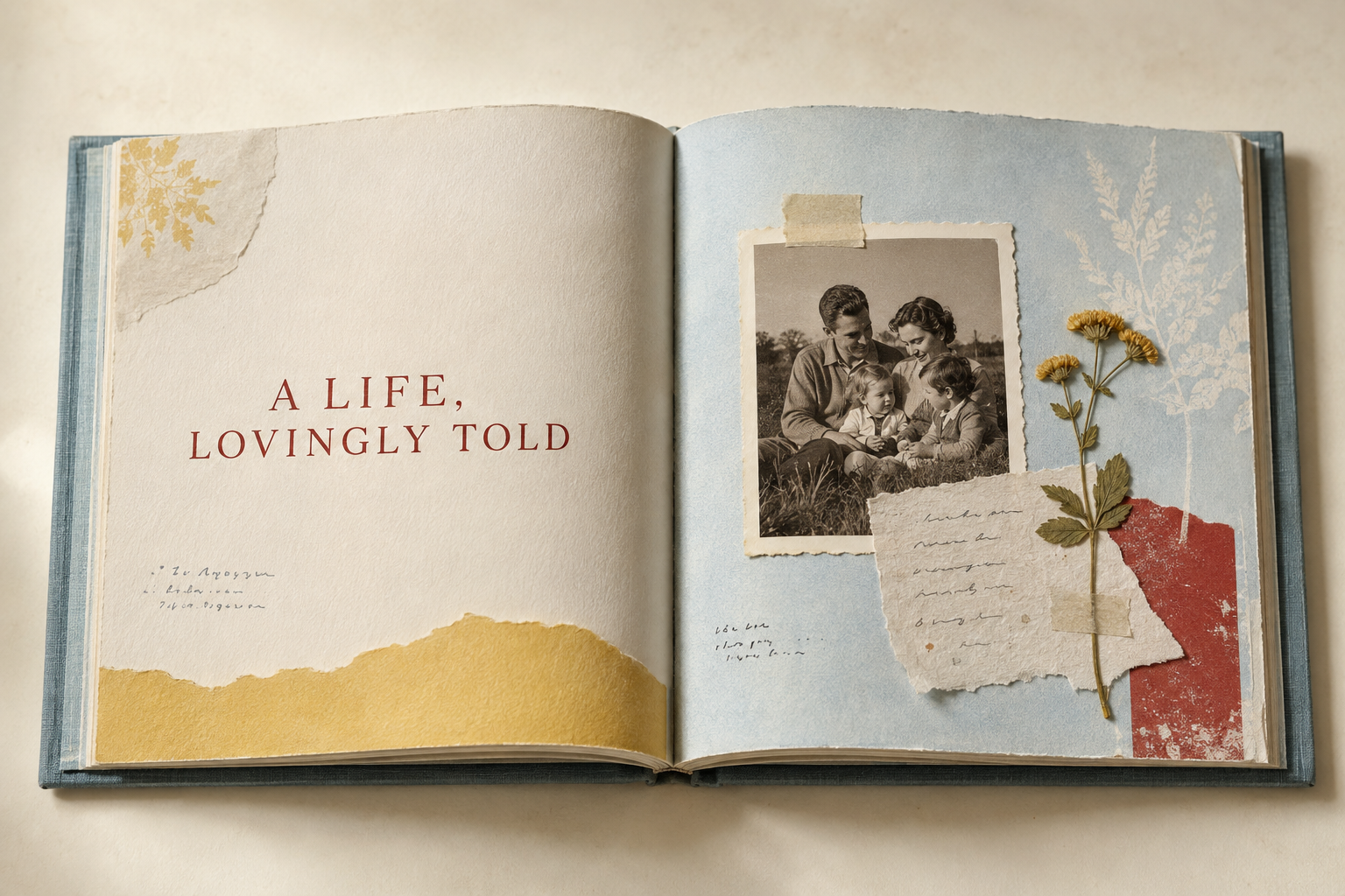 Open custom family storybook with archival photographs, handwritten letters and botanical details