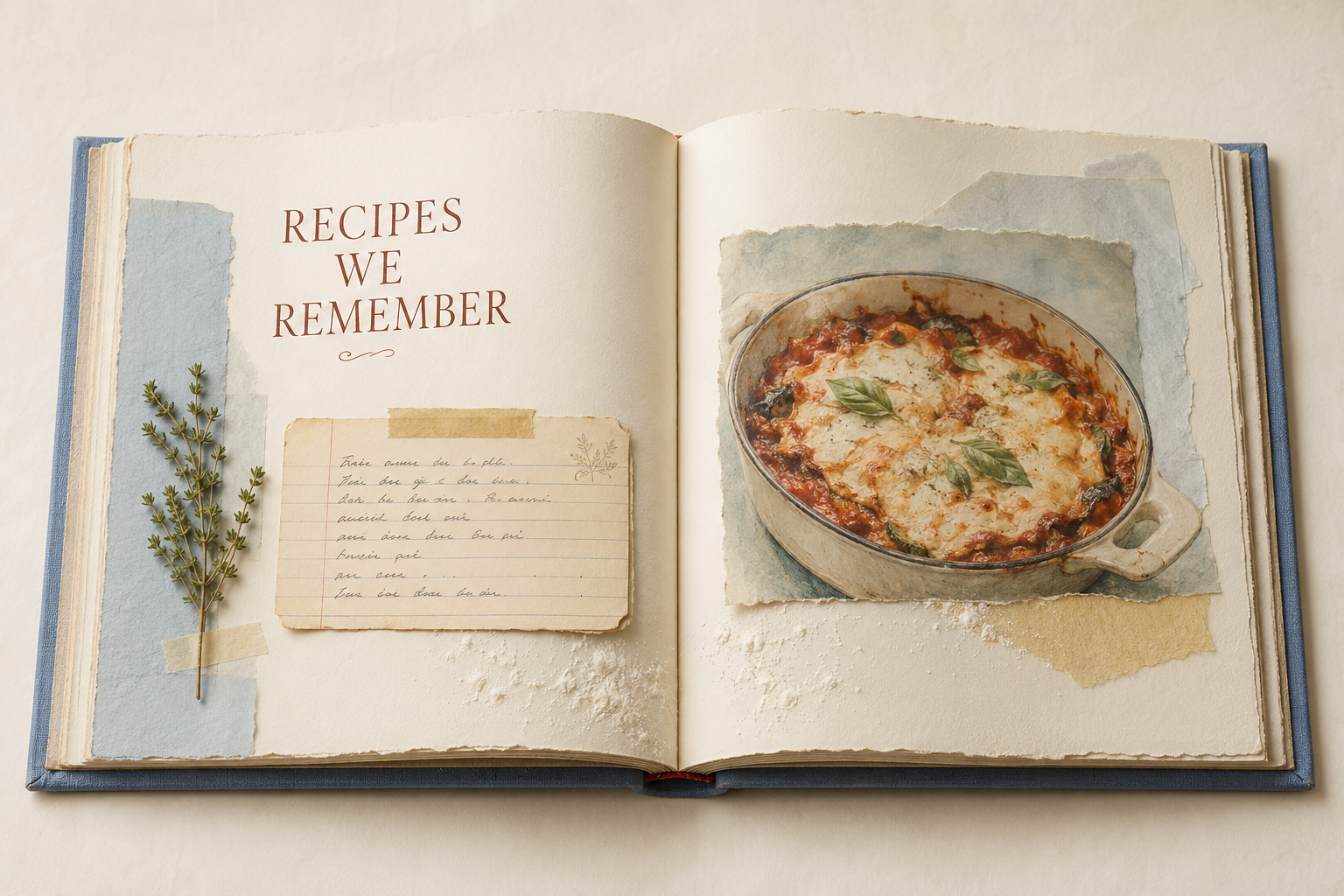 Custom recipe storybook spread with a handwritten family recipe and pressed herbs